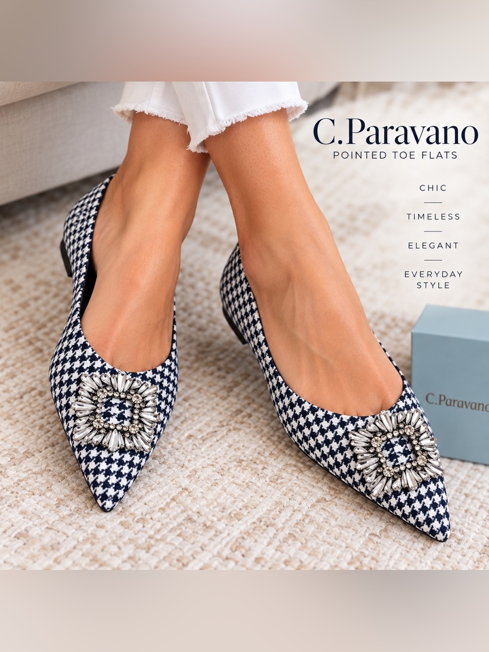 C.Paravano Women’s Crystal Buckle Tweed Flats (Aida) Size 41 10.5us Black &White